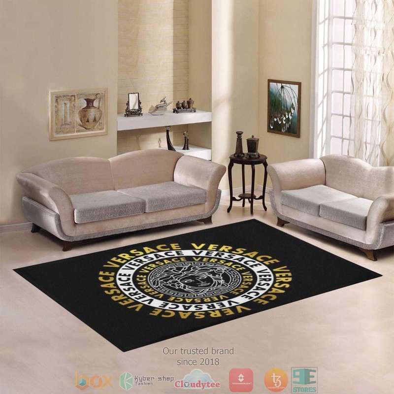 Versace white gold circle patter black Rug Carpet