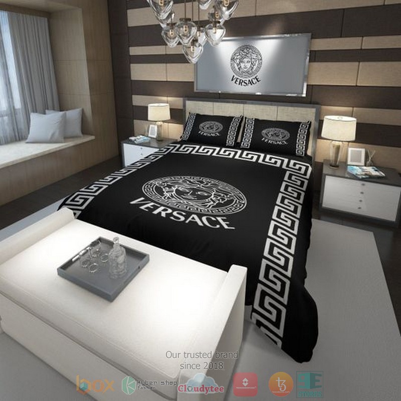 Versace white logo Luxury brand black bedding set