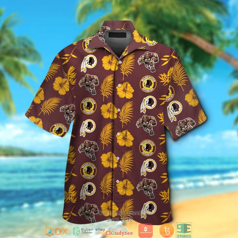 Washington Redskins leaf hibiscus pattern Hawaiian Shirt, Short 1 Washington Redskins leaf hibiscus pattern Hawaiian Shirt Short