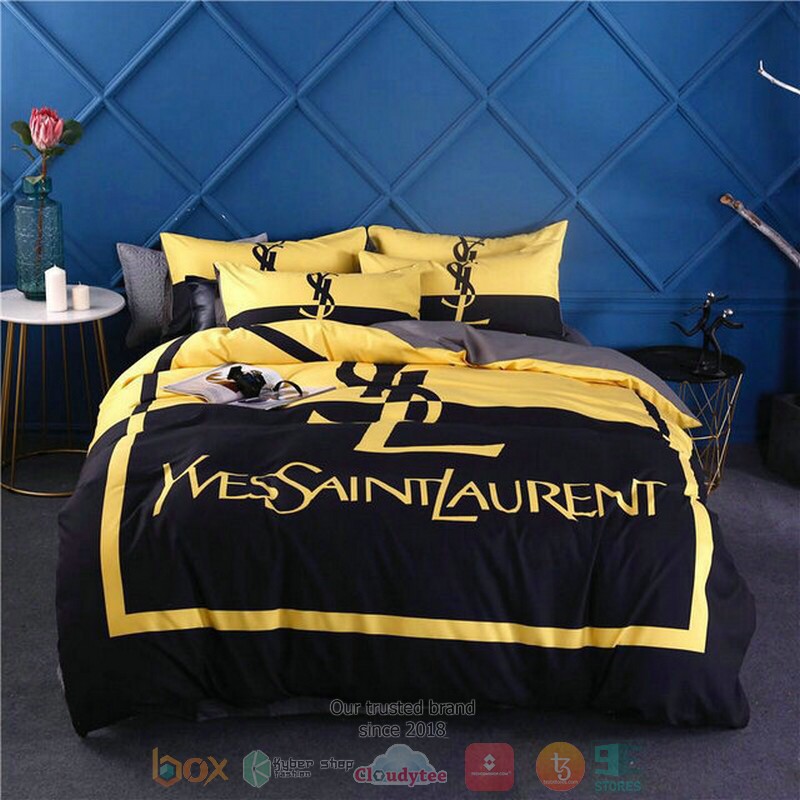 Ysl Yves Saint Laurent Brand dark blue yellow Bedding Set