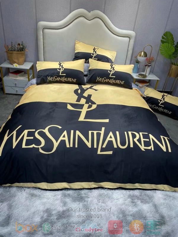 HOT Ysl Yves Saint Laurent High end Brand yellow dark blue bedroom bedding set 3 Ysl Yves Saint Laurent High end Brand yellow dark blue Bedding Set