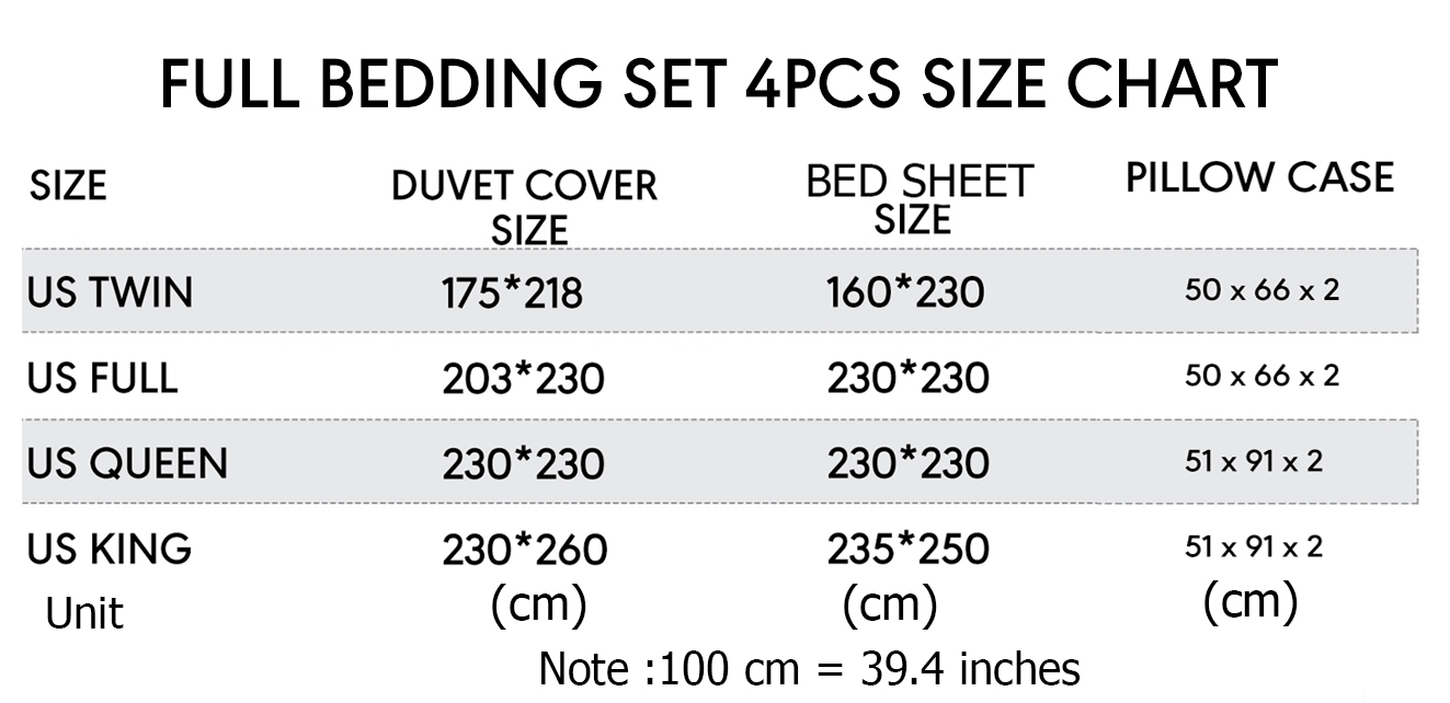 size chart full bedding set 4pcs 2
