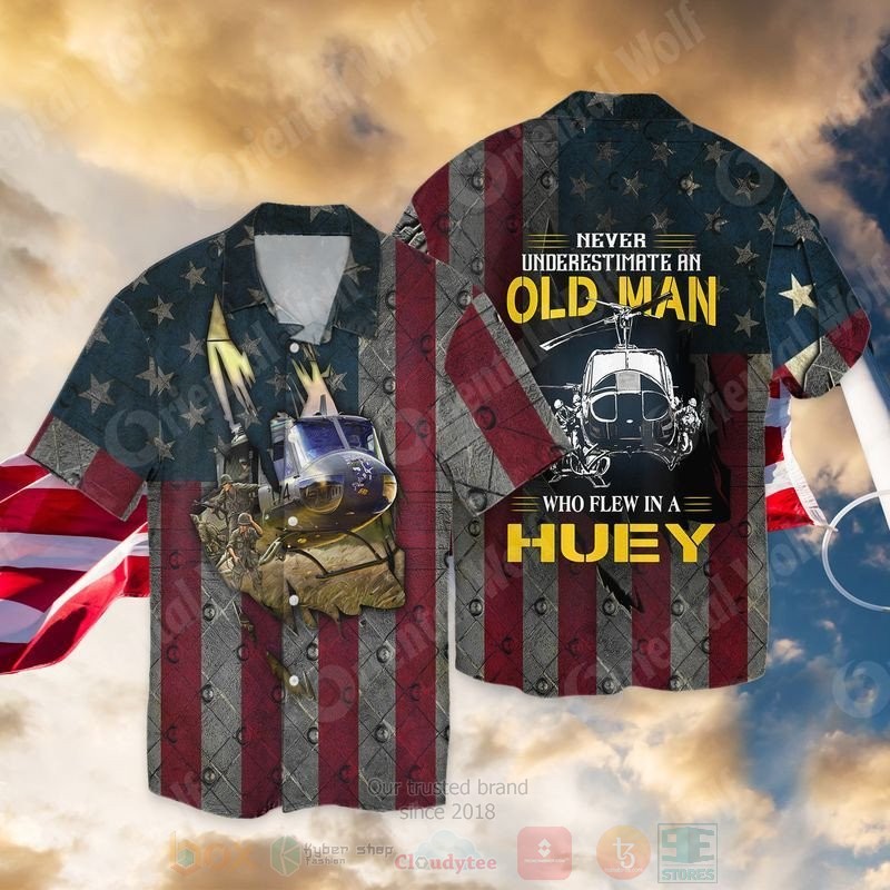 4th of July Independence Day Helicopter Never Underestimate An Old Man Who Flew In A Huey Short Sleeve Hawaiian Shirt
