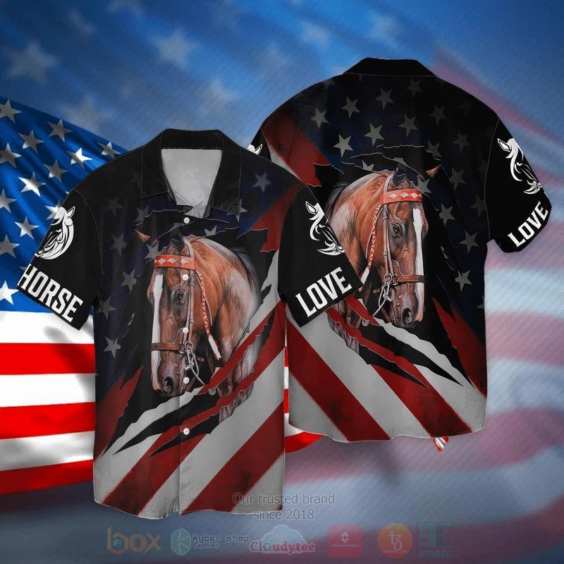 4th of July Independence Day Love Horse American Flag Short Sleeve Hawaiian Shirt