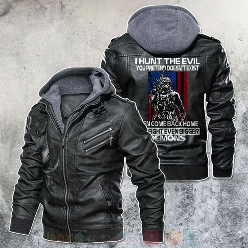 BEST American Sodiers Hunt The Evil Veteran Zipper Jacket Leather 4 American Sodiers Hunt The Evil Veteran Leather Jacket