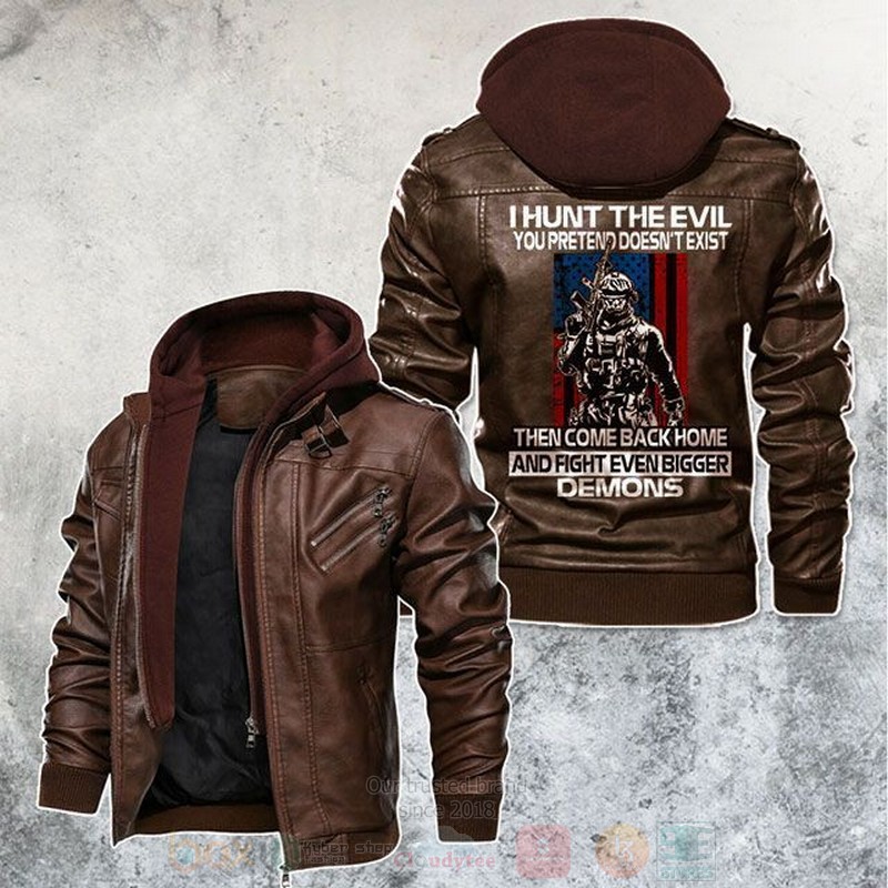 BEST American Sodiers Hunt The Evil Veteran Zipper Jacket Leather 2 American Sodiers Hunt The Evil Veteran Leather Jacket 1