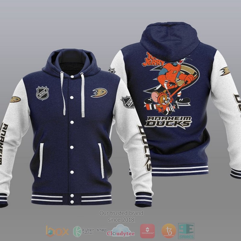 NEW Anaheim Ducks NHL Tom And Jerry Hoodie Baseball Jacket 3 Anaheim Ducks NHL Tom And Jerry Baseball Hoodie Jacket 1 2
