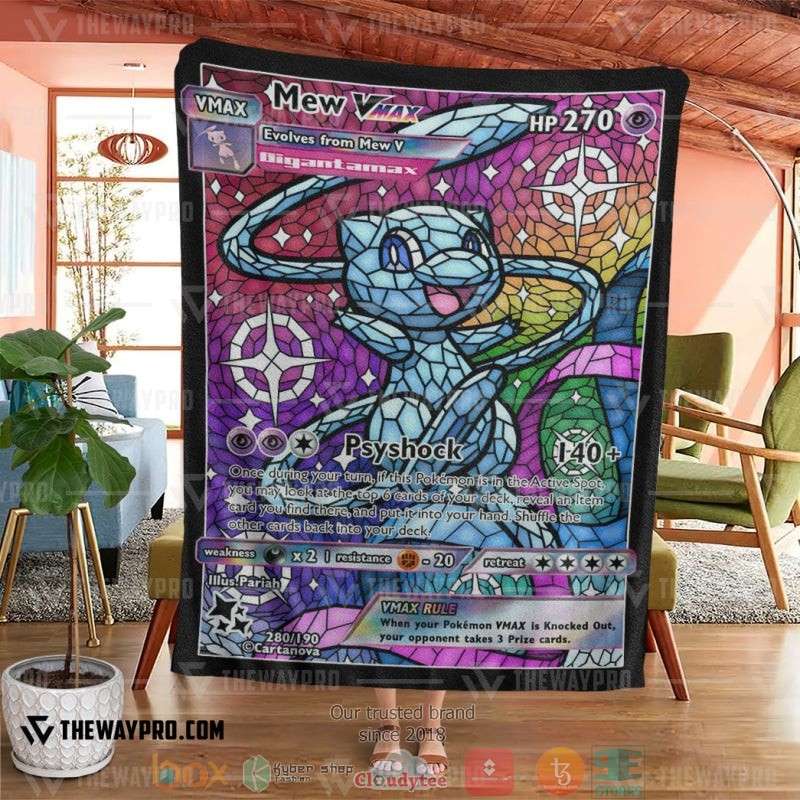NEW Pokemon Card Mew Blue Hybrid Vmax Stain Glass Blanket 2 Anime Pokemon Card Mew Blue Hybrid Vmax Stain Glass Soft Blanket 1
