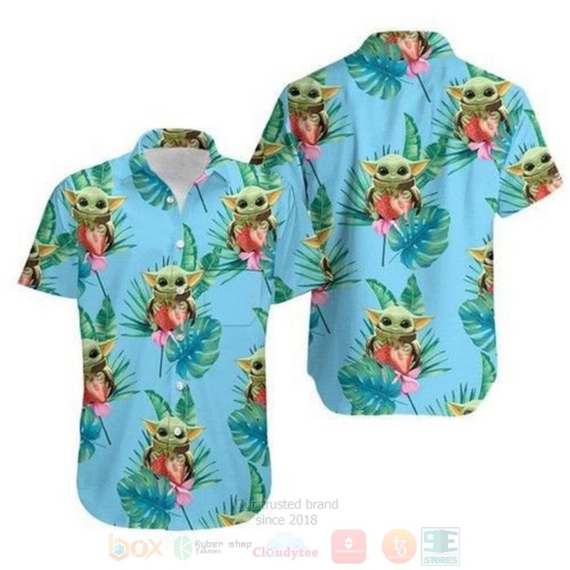 Baby Yoda Hugging Strawberries Leaves Short Sleeve Hawaiian Shirt