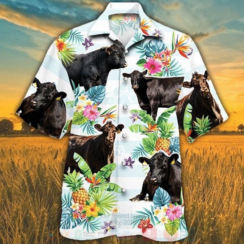 Black Angus Cattle Lovers Flower Short Sleeve Hawaiian Shirt
