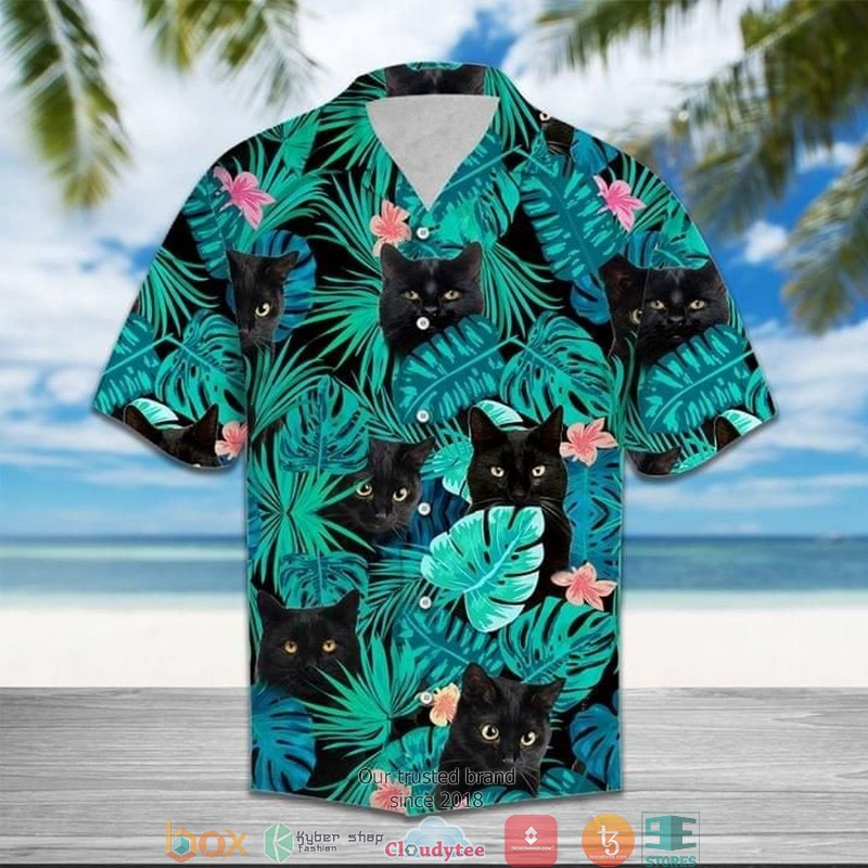 Black Cats Flowers Short Sleeve Hawaiian Shirt