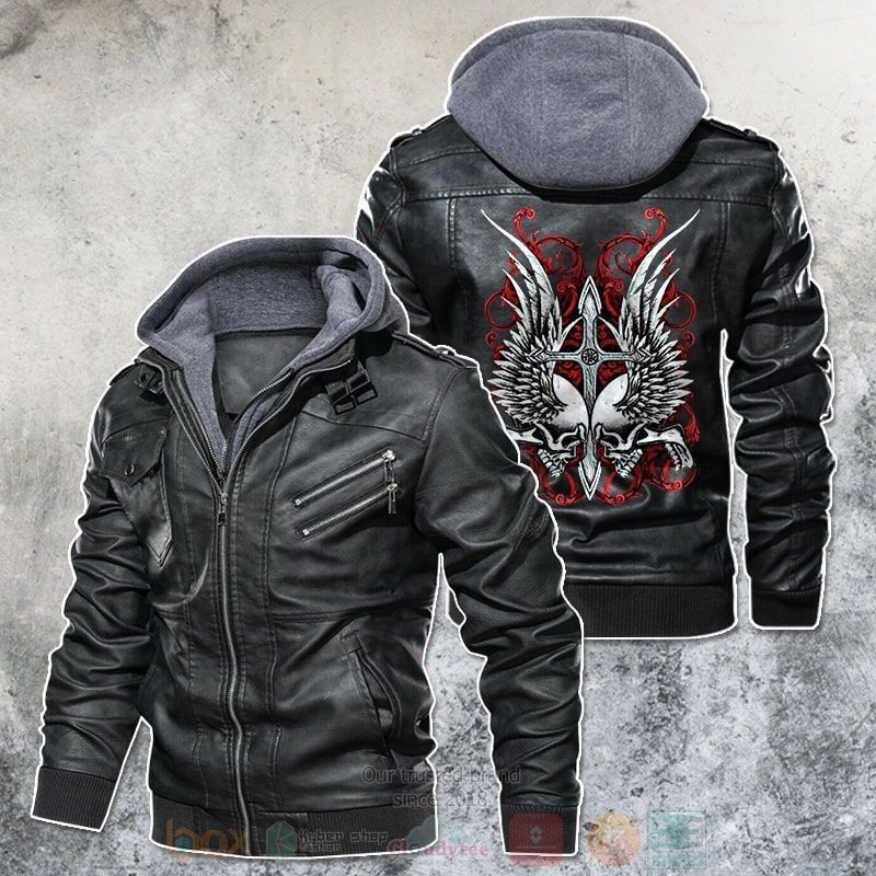 Bloody Cross Skulls And Wings Leather Jacket