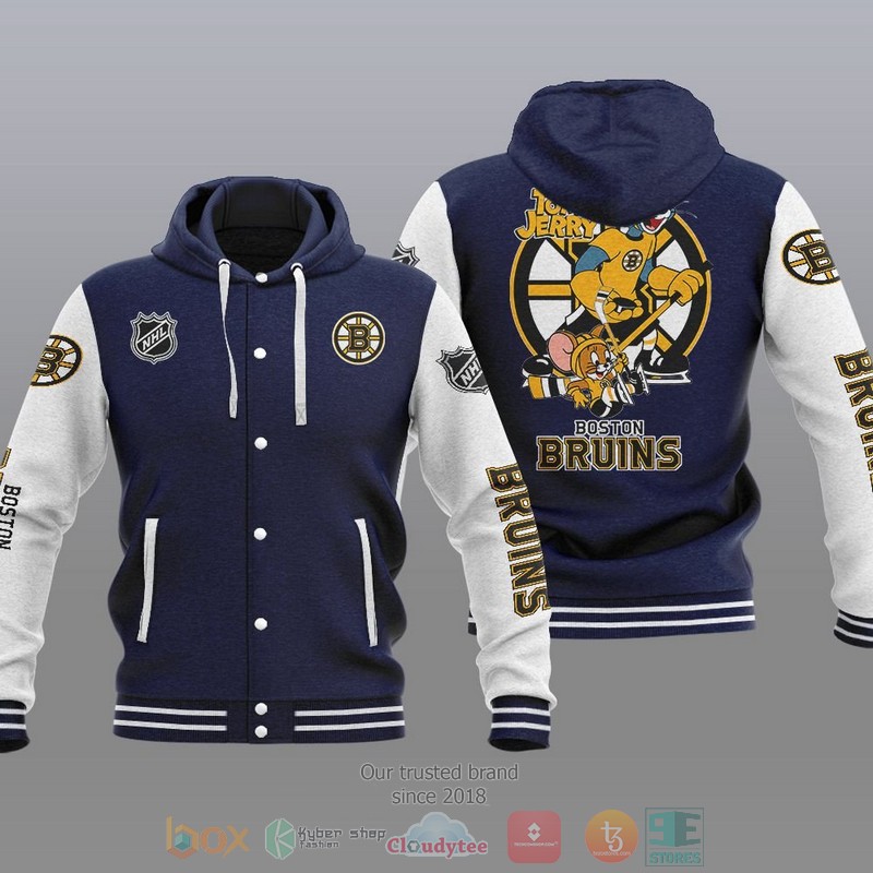 NEW Boston Bruins NHL Tom And Jerry Hoodie Baseball Jacket 3 Boston Bruins NHL Tom And Jerry Baseball Hoodie Jacket 1 2