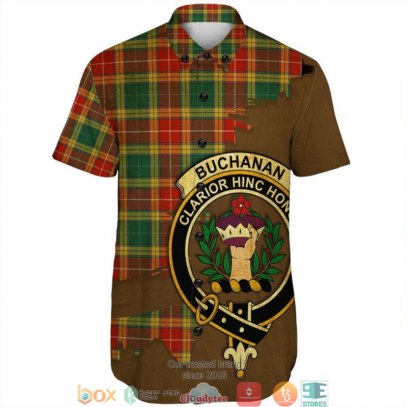 Buchanan Old Sett Tartan Crest Personalized Short Sleeve Hawaiian Shirt 2 Buchanan Old Sett Tartan Crest Personalized Short Sleeve Hawaiian Shirt 1