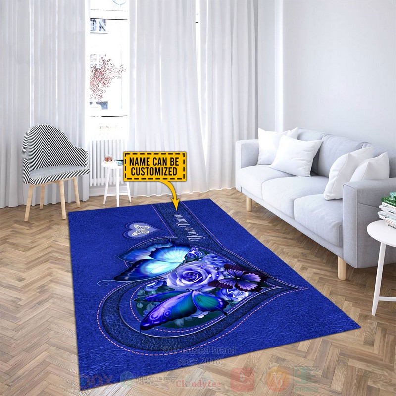 Butterfly Flower Heart Custom Name Blue Rug
