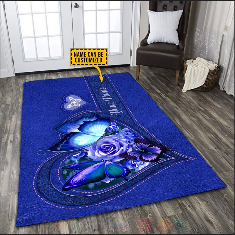 Butterfly Flower Heart Custom Name Blue Rug 1