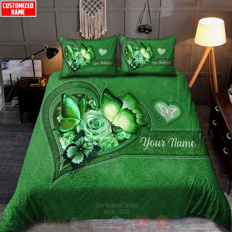BEST Butterfly-Flower Pattern Custom Name Green Duvet Cover Sets 3 Butterfly Flower Heart Custom Name Green Bedding Set 1 2