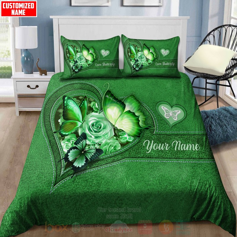 BEST Butterfly-Flower Pattern Custom Name Green Duvet Cover Sets 4 Butterfly Flower Heart Custom Name Green Bedding Set 1 2 3