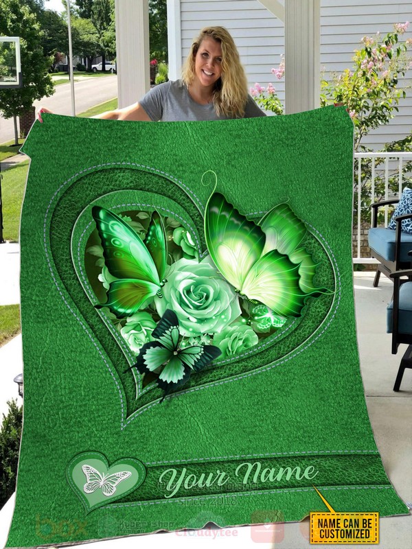 Butterfly Flower Heart Custom Name Green Blanket