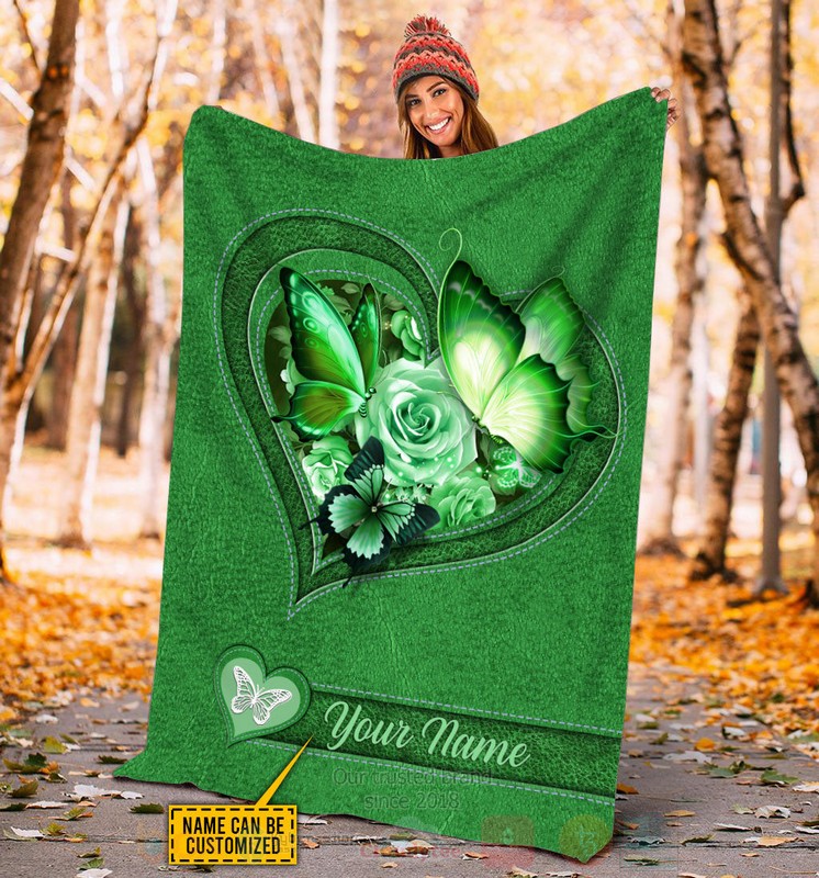 Butterfly Flower Heart Custom Name Green Blanket 1