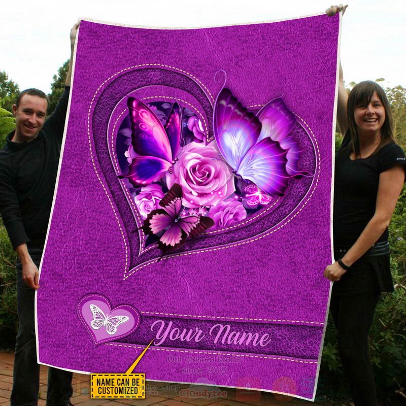 Butterfly Flower Heart Custom Name Pink Blanket 1