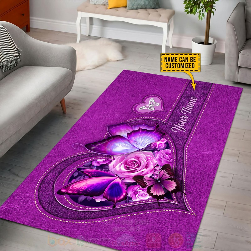 BEST Heart Love Butterfly-Flower Custom Name Pink Area Rugs 3 Butterfly Flower Heart Custom Name Pink Rug 1 2