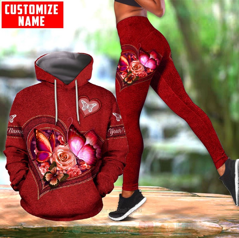 Butterfly Flower Heart Custom Name Red 3D Hoodie Leggings