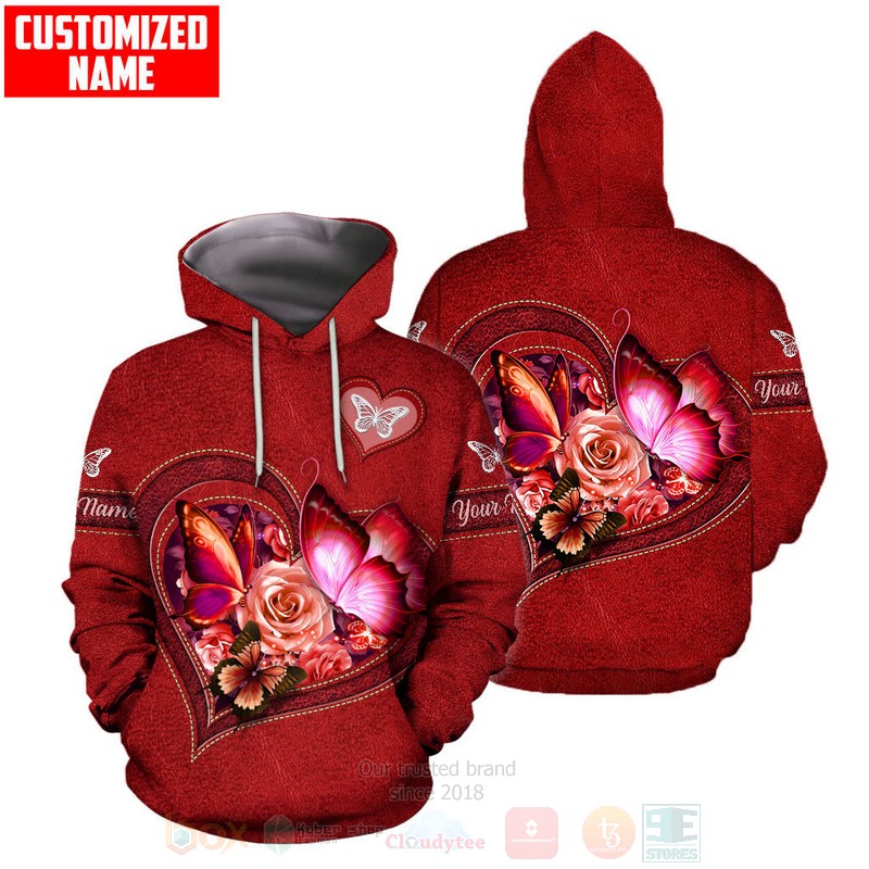 Butterfly Flower Heart Custom Name Red 3D Hoodie Leggings 1