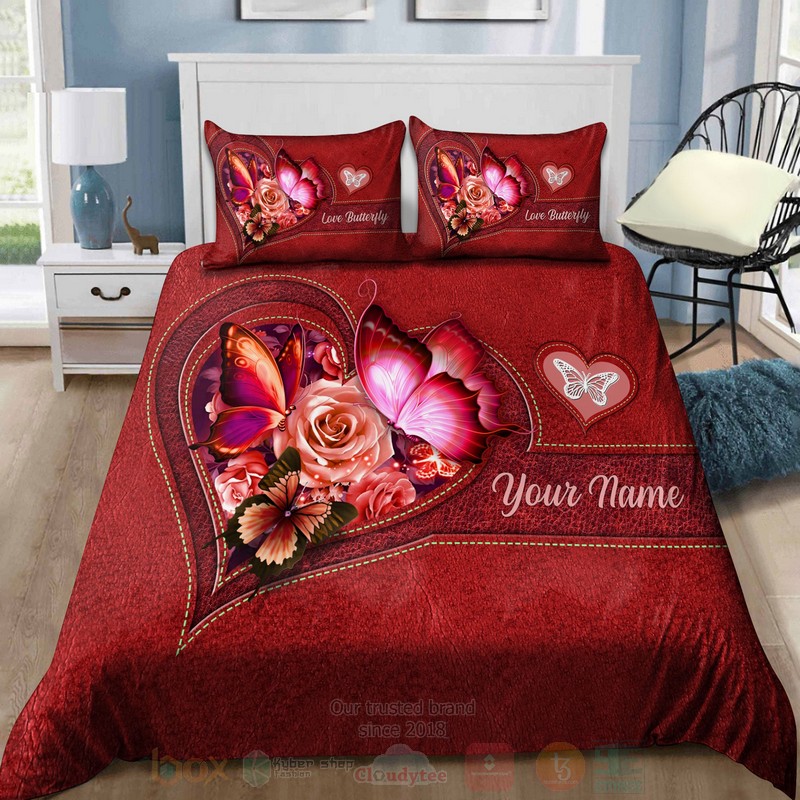 BEST Butterfly-Flower Pattern Custom Name Red Duvet Cover Sets 3 Butterfly Flower Heart Custom Name Red Bedding Set 1 2