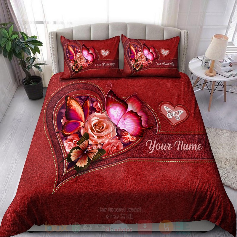 BEST Butterfly-Flower Pattern Custom Name Red Duvet Cover Sets 4 Butterfly Flower Heart Custom Name Red Bedding Set 1 2 3