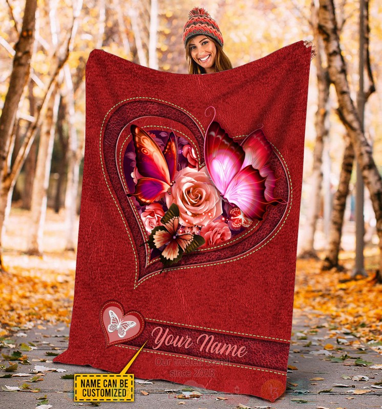 Butterfly Flower Heart Custom Name Red Blanket 1