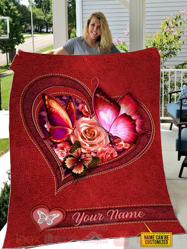 BEST Heart Love Butterfly-Flower Custom Name Red Luxury Home Blanket 3 Butterfly Flower Heart Custom Name Red Blanket 1 2