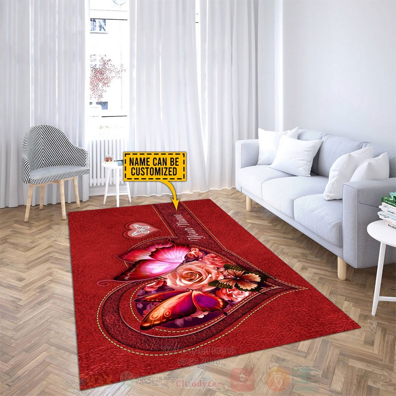 BEST Heart Love Butterfly-Flower Custom Name Red Area Rugs 3 Butterfly Flower Heart Custom Name Red Rug 1 2