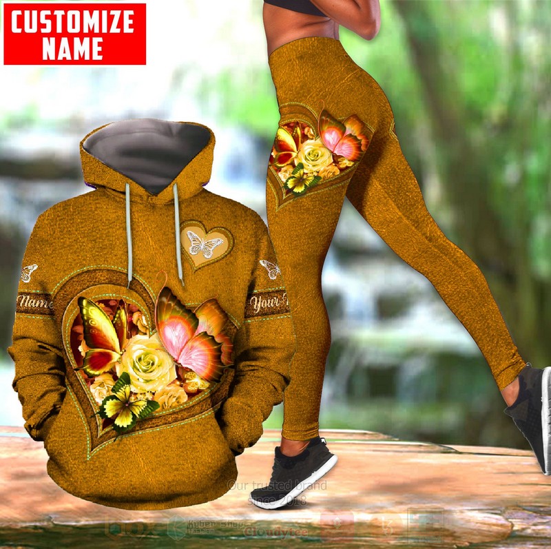 Butterfly Flower Heart Custom Name Yellow 3D Hoodie Leggings