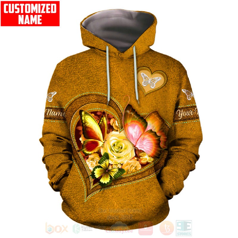 BEST Butterfly-Flower Pattern Custom Name Yellow Luxury Hoodie, Leggings 3 Butterfly Flower Heart Custom Name Yellow 3D Hoodie Leggings 1 2