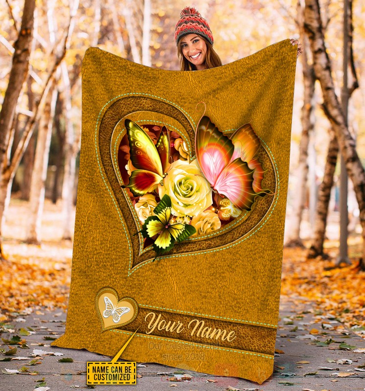 BEST Heart Love Butterfly-Flower Custom Name Yellow Luxury Home Blanket 3 Butterfly Flower Heart Custom Name Yellow Blanket 1 2