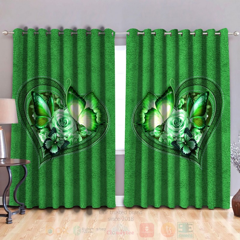 Butterfly Flower Heart Green Curtain
