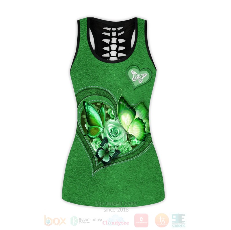 BEST Heart Love Butterfly-Flower Green Hollow Tank Top, Leggings Set 3 Butterfly Flower Heart Green Tank Top Leggings 1 2