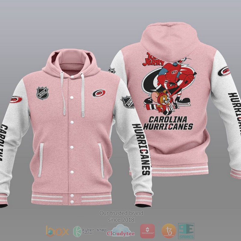 NEW Carolina Hurricanes NHL Tom And Jerry Hoodie Baseball Jacket 4 Carolina Hurricanes NHL Tom And Jerry Baseball Hoodie Jacket 1 2 3