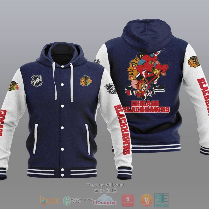 NEW Chicago Blackhawks NHL Tom And Jerry Hoodie Baseball Jacket 3 Chicago Blackhawks NHL Tom And Jerry Baseball Hoodie Jacket 1 2