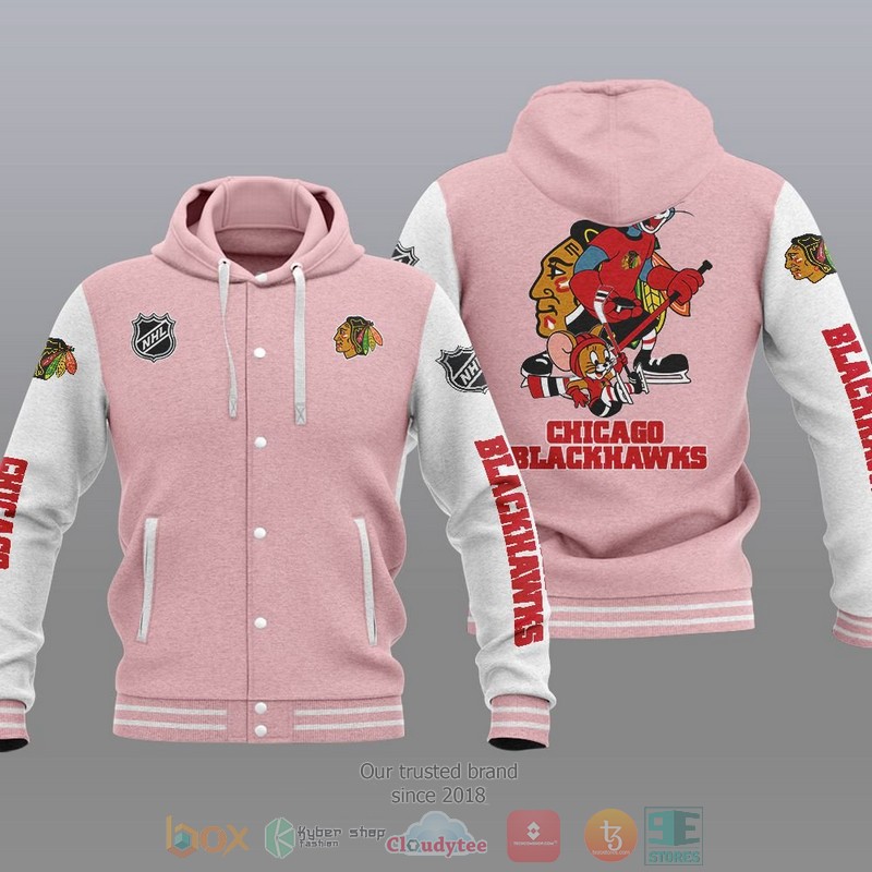 NEW Chicago Blackhawks NHL Tom And Jerry Hoodie Baseball Jacket 4 Chicago Blackhawks NHL Tom And Jerry Baseball Hoodie Jacket 1 2 3