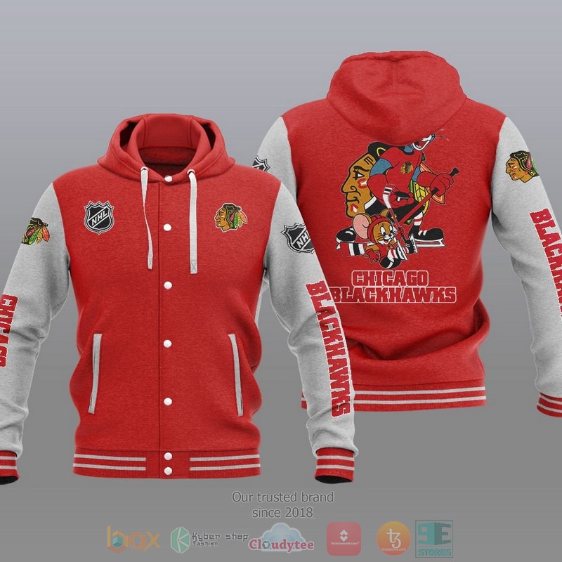 NEW Chicago Blackhawks NHL Tom And Jerry Hoodie Baseball Jacket 5 Chicago Blackhawks NHL Tom And Jerry Baseball Hoodie Jacket 1 2 3 4