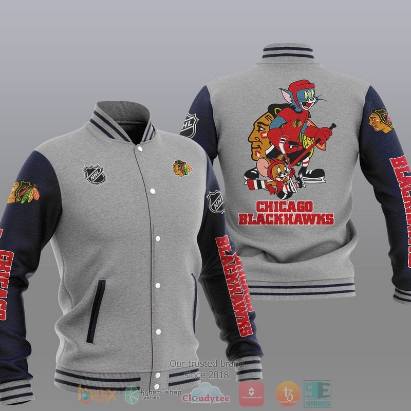 NEW Chicago Blackhawks NHL Tom And Jerry Varsity Baseball Jacket 2 Chicago Blackhawks NHL Tom And Jerry Baseball Jacket 1