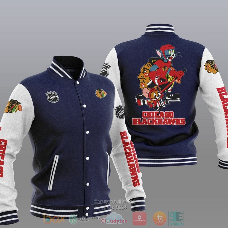 NEW Chicago Blackhawks NHL Tom And Jerry Varsity Baseball Jacket 3 Chicago Blackhawks NHL Tom And Jerry Baseball Jacket 1 2