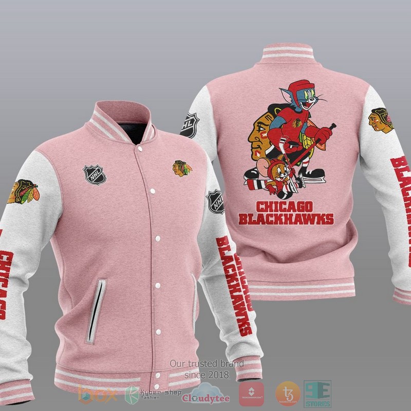 NEW Chicago Blackhawks NHL Tom And Jerry Varsity Baseball Jacket 4 Chicago Blackhawks NHL Tom And Jerry Baseball Jacket 1 2 3