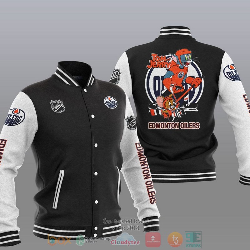 NEW Edmonton Oilers NHL Tom And Jerry Varsity Baseball Jacket 13 Edmonton Oilers NHL Tom And Jerry Baseball Jacket