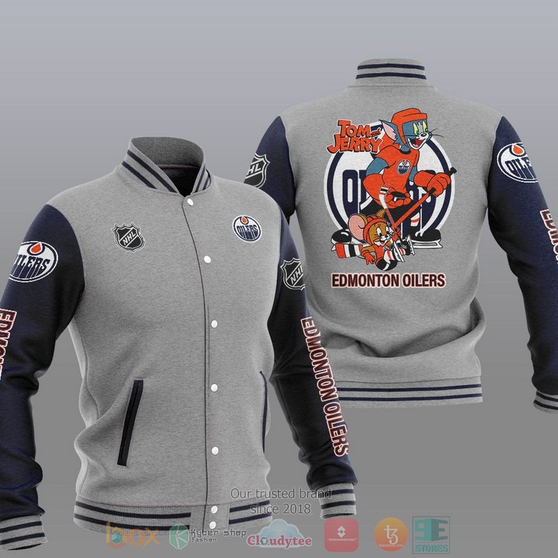 NEW Edmonton Oilers NHL Tom And Jerry Varsity Baseball Jacket 2 Edmonton Oilers NHL Tom And Jerry Baseball Jacket 1