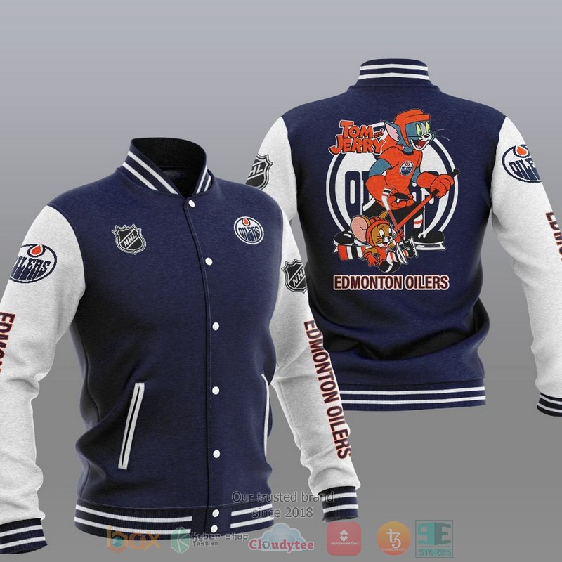 NEW Edmonton Oilers NHL Tom And Jerry Varsity Baseball Jacket 3 Edmonton Oilers NHL Tom And Jerry Baseball Jacket 1 2
