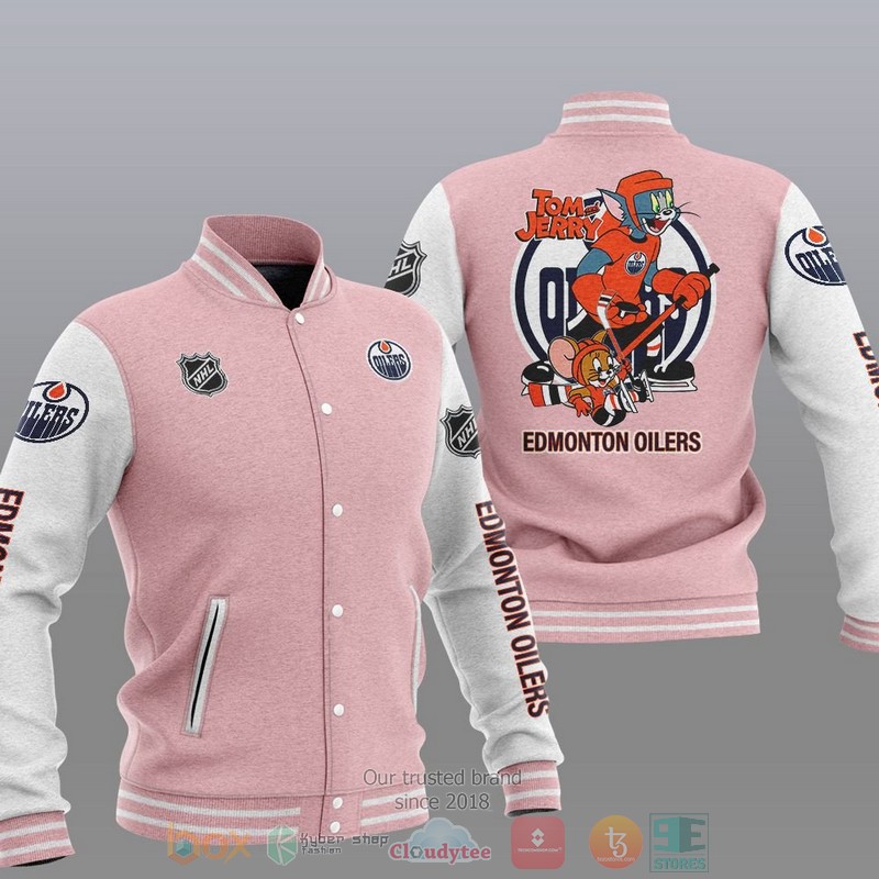 NEW Edmonton Oilers NHL Tom And Jerry Varsity Baseball Jacket 4 Edmonton Oilers NHL Tom And Jerry Baseball Jacket 1 2 3