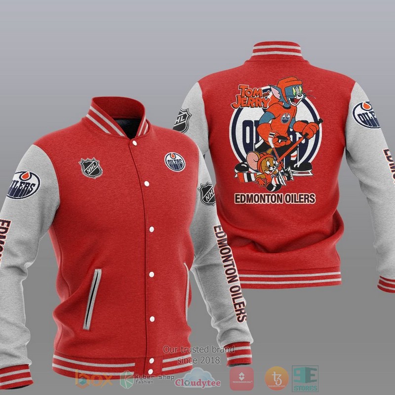 NEW Edmonton Oilers NHL Tom And Jerry Varsity Baseball Jacket 5 Edmonton Oilers NHL Tom And Jerry Baseball Jacket 1 2 3 4